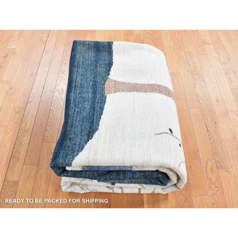 Ivory, Hand Knotted, Modern Folk Art Tree Design Gabbeh, Wool, Rug, 9'8"x13'8"