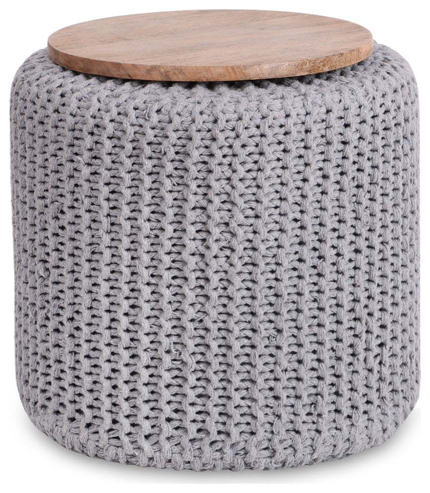 Loft Lyfe Marbella Ottoman, Hand Knitted, Wooden Tray, Cotton Yarn, Light Gray