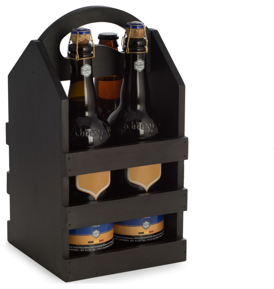 Black Solid Wood 4 Bottle Caddy, Ergonomic Curved Built, Handle