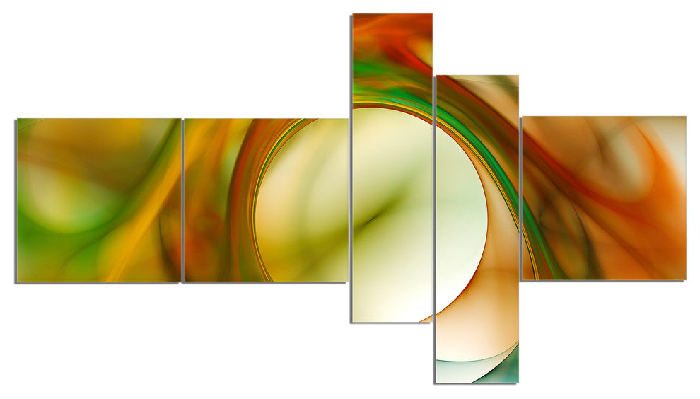 Circled Green Psychedelic Texture, Abstract Art on Canvas, 60"x32", 5 panels