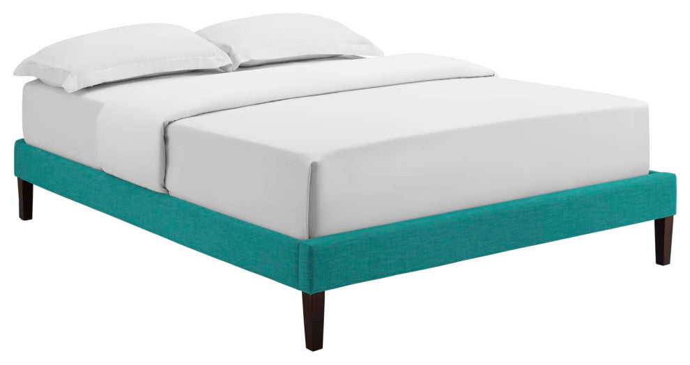 Tessie Queen Fabric Bed Frame With Squared Tapered Legs, Teal
