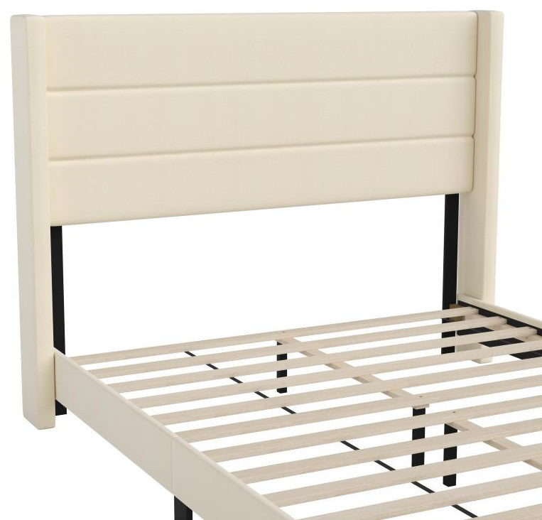 Hollis Upholstered Platform Bed with Wingback Headboard w/Mattress Foundation, Beige, Queen