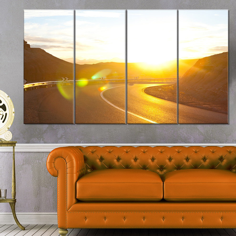 Yellow Road under Sunset, Oversized Landscape Canvas Art, 48"x28", 4 Panels