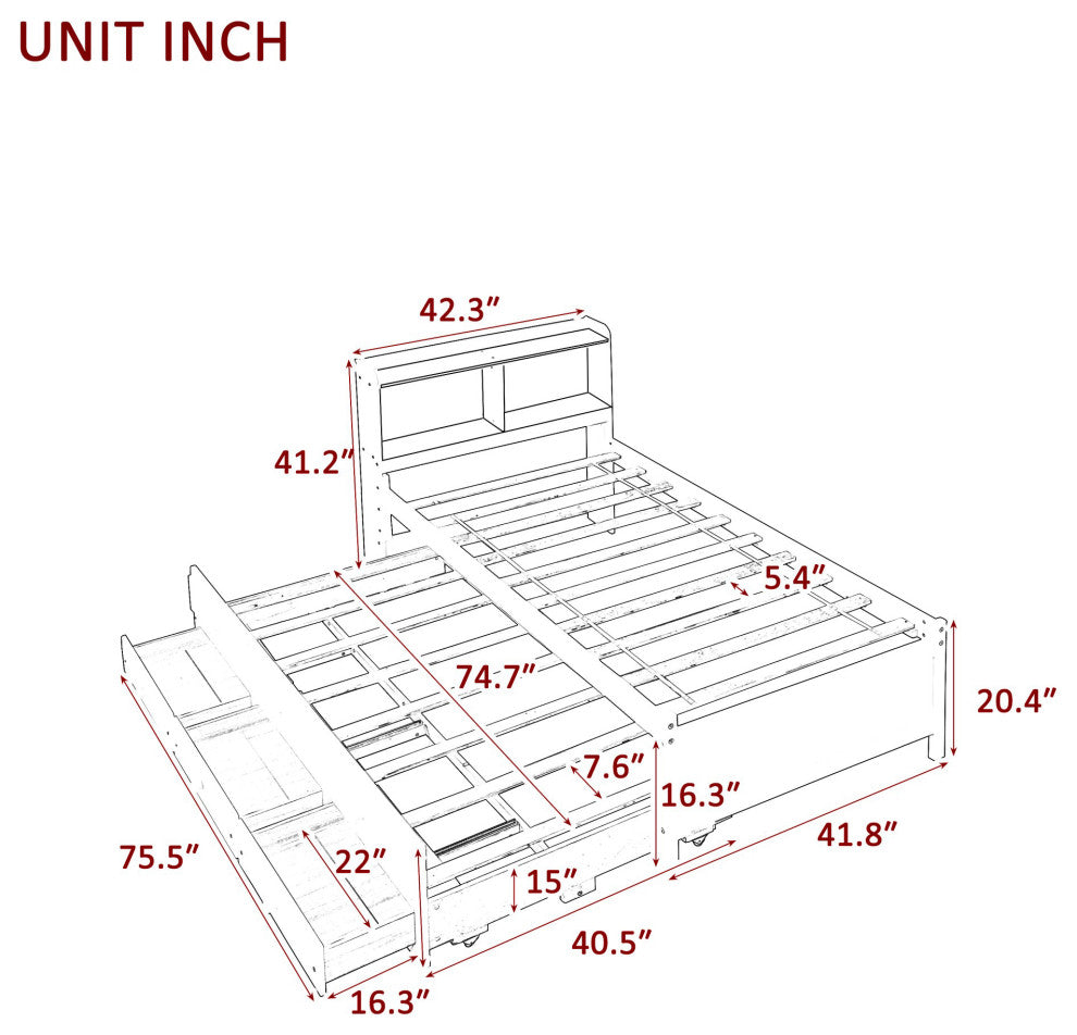 Full/Twin Wood Frame Platform Bed with Trundle and Drawers, Espresso, Twin