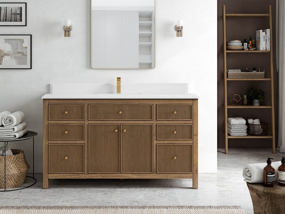 Sonoma Teak 60 Single Bathroom Vanity in Dark Natural with 1.5" White Quartz