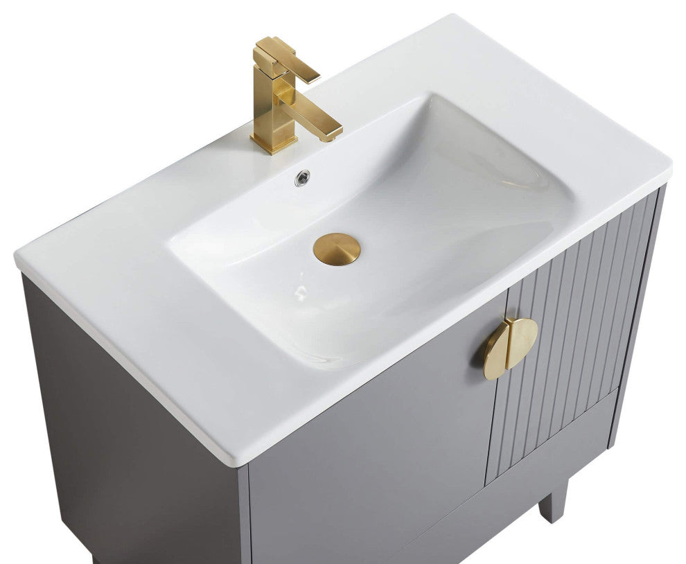 Venezian Single Bathroom Vanity, Rock Gray, 30", Satin Brass Handles, One Sink