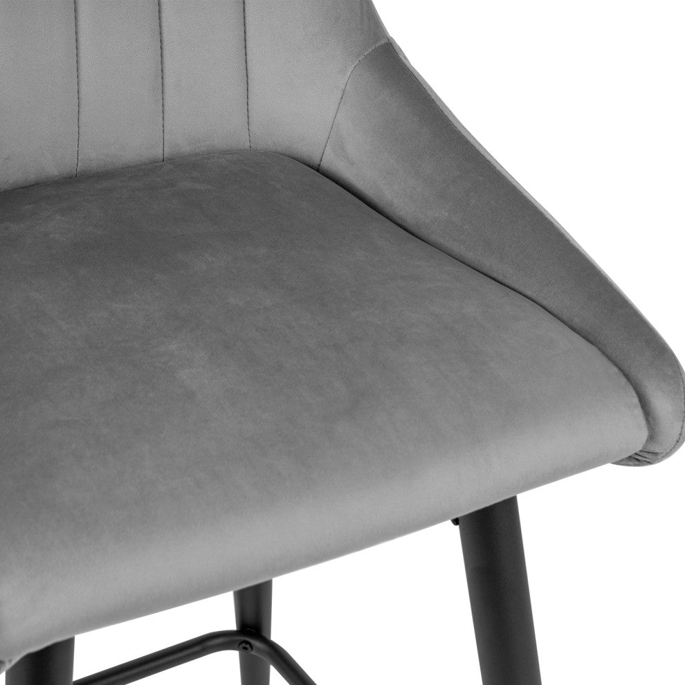Set of 2 Vertical Channel Tufted Velvet Bar Stools, Grey, 24 Inch