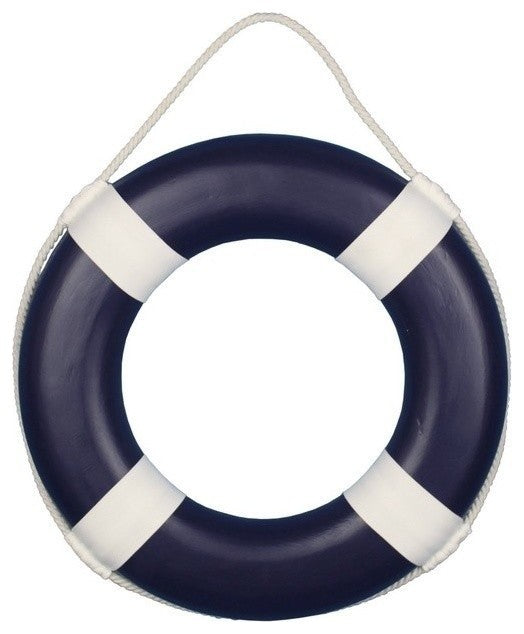 Decorative Lifering, 15", Dark Blue Painted With White Bands