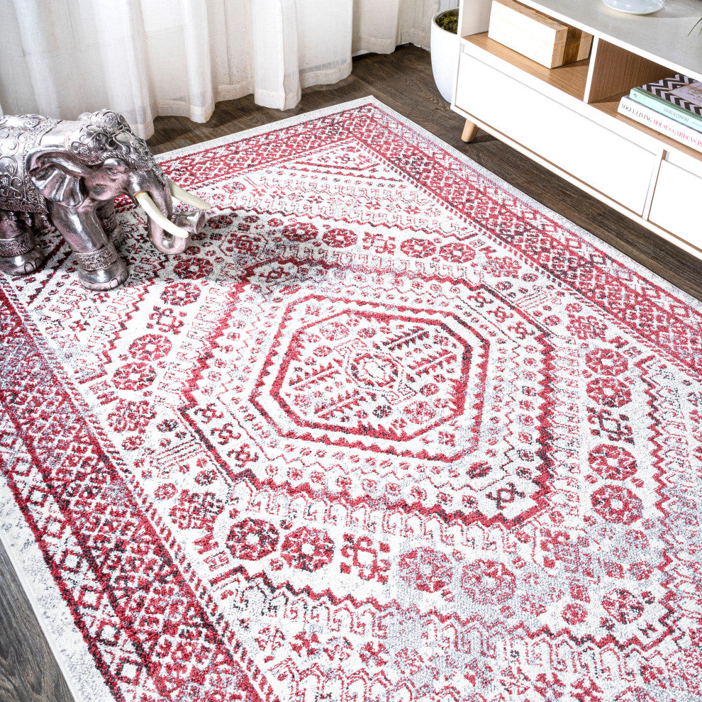 Boho Cottage Medallion Runner Rug, Red/Ivory, 8'x10'