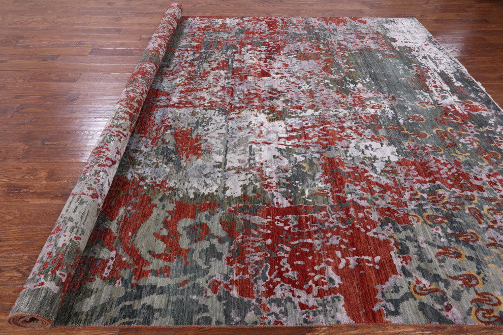 9' 0" X 11' 11"Abstract Wool and Silk Contemporary Hand Knotted Rug Q6331