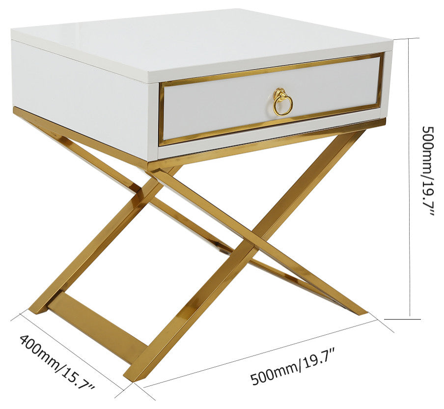 White Nightstand with Drawer Bedside Table with X-Shaped Stainless Steel Base, White
