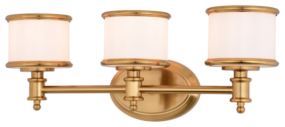 Carlisle Vanity Light, Natural Brass, White Frosted Opal Glass, 3-Light