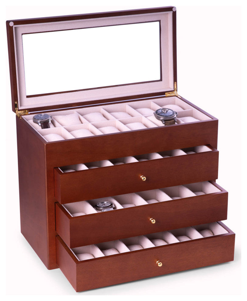 Cherry Wood 48 Watch Box, Glass Top and Drawer, Velour Lining and Pillows