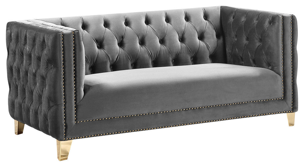 Michelle Fabric Upholstered Chair, Gold Iron Legs, Gray, Velvet, Loveseat