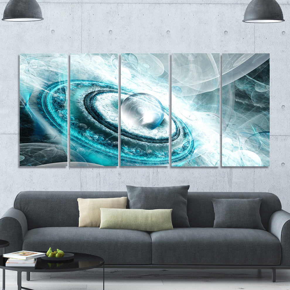 Blue Fractal Flying Saucer, Floral Canvas Art Print, 60"x28", 5 Panels