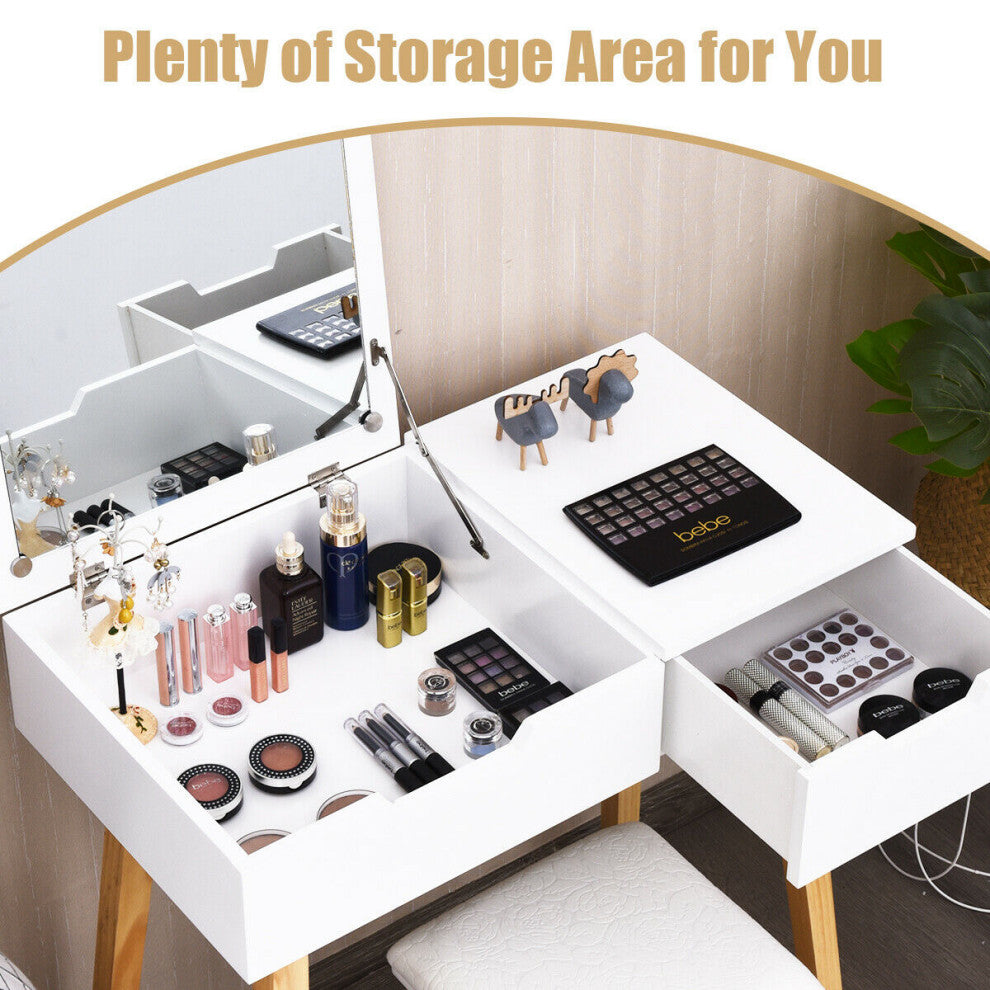 Costway Vanity Makeup Table Cushioned Stool Set W/Mirror &1 Drawer Writing Desk