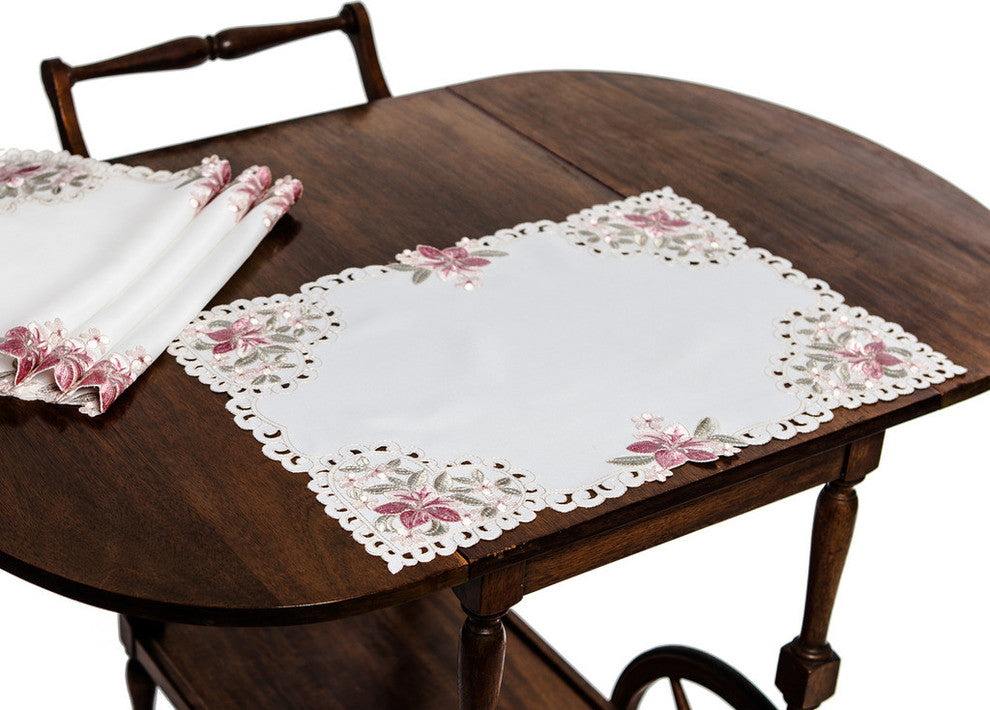 Blush Embroidered Cutwork Placemats, 14"x20", Set of 4