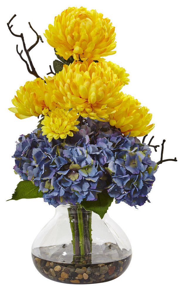Hydrangea and Mum, Vase, Yellow Blue