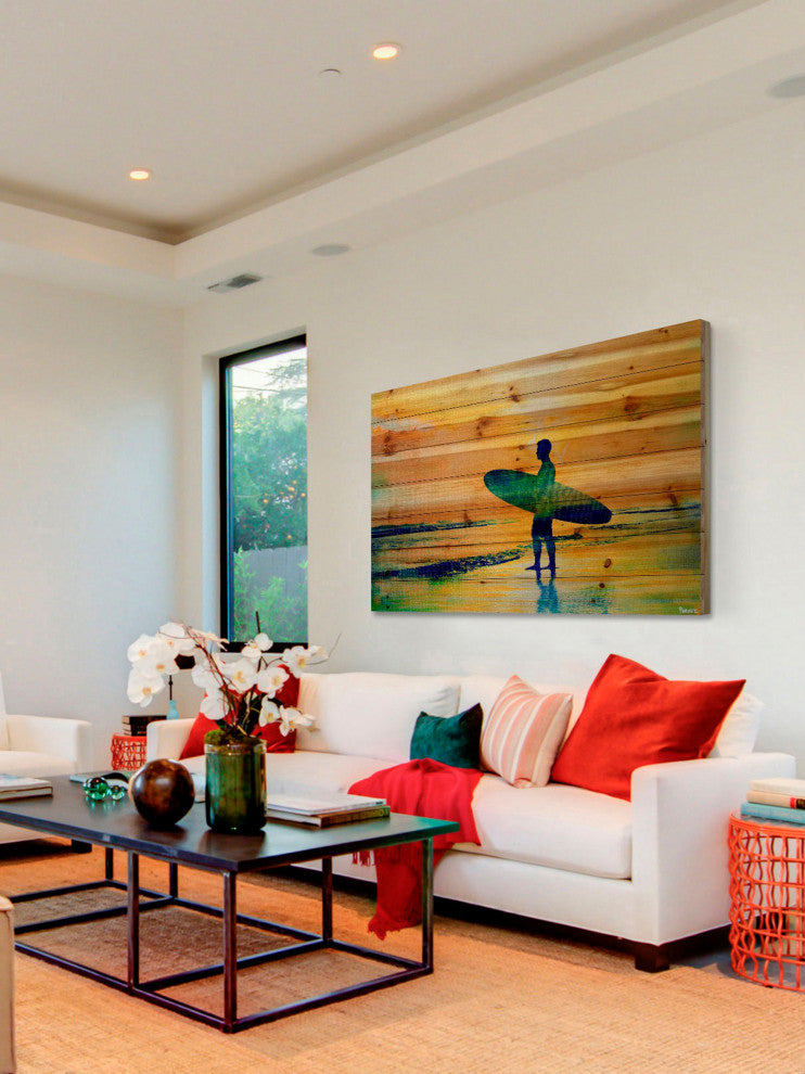 "Surf at Dusk" Print on Natural Pine Wood, 60"x40"