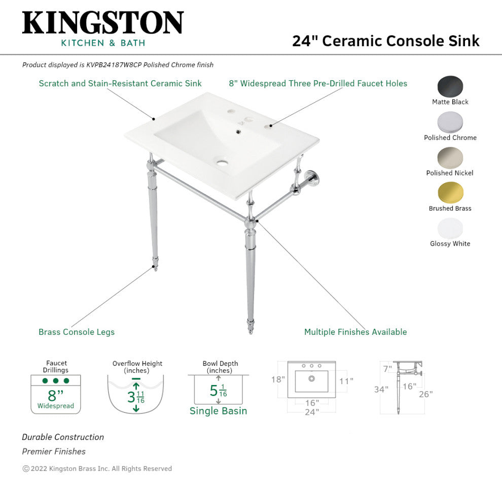 Fauceture KVPB24187W8BB 24" Console Sink, Legs, 8", 3 Hole