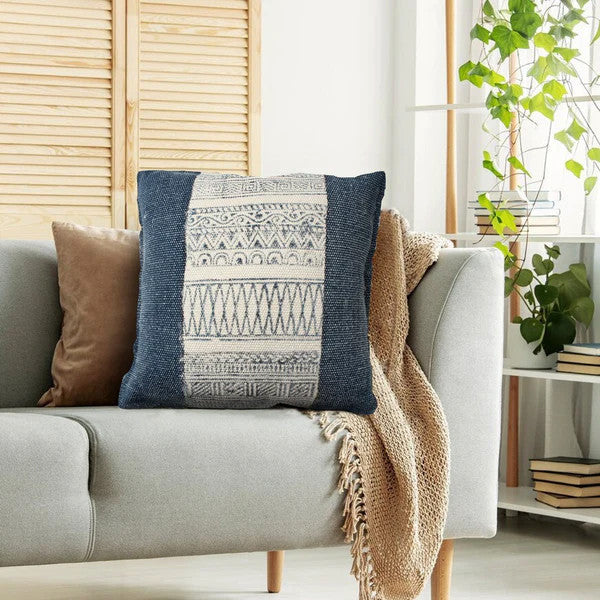 Benzara BM200551 18 x 18 HandWoven Cotton Pillow with Block Print White and Blue
