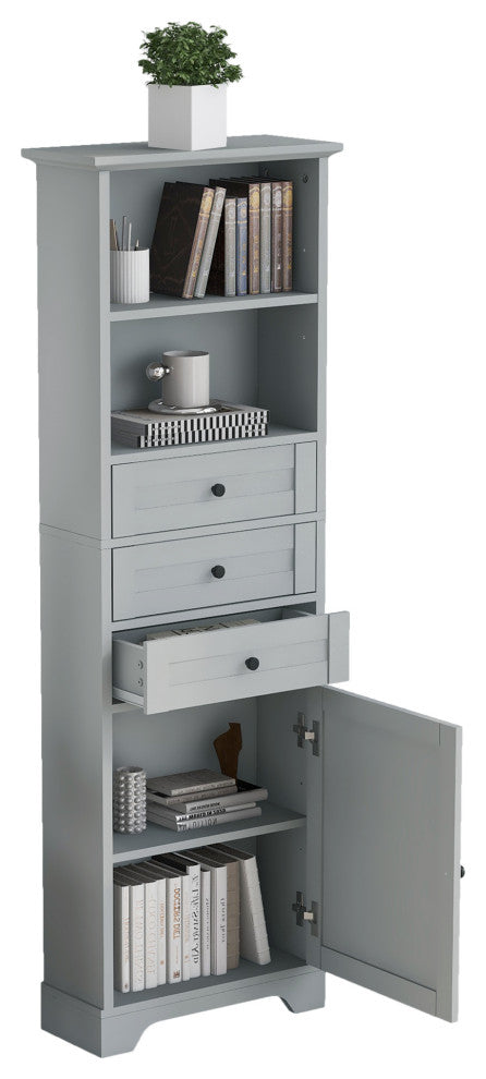 68" Tall Freestanding Bath Cabinet, 3 Drawers and Adjustable Shelves, Grey