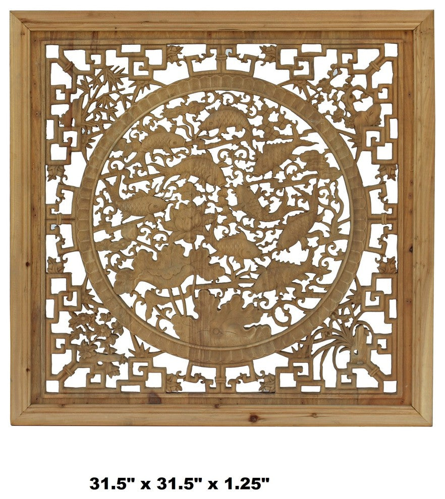 Chinese Square Flower Fishes Wooden Wall Plaque Panel Hcs4287