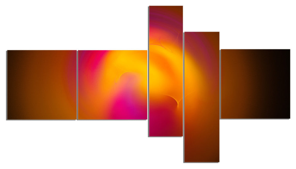 Yellow Pink Misty Sphere on Black, Abstract Canvas Art Print, 60"x32", 5 panels