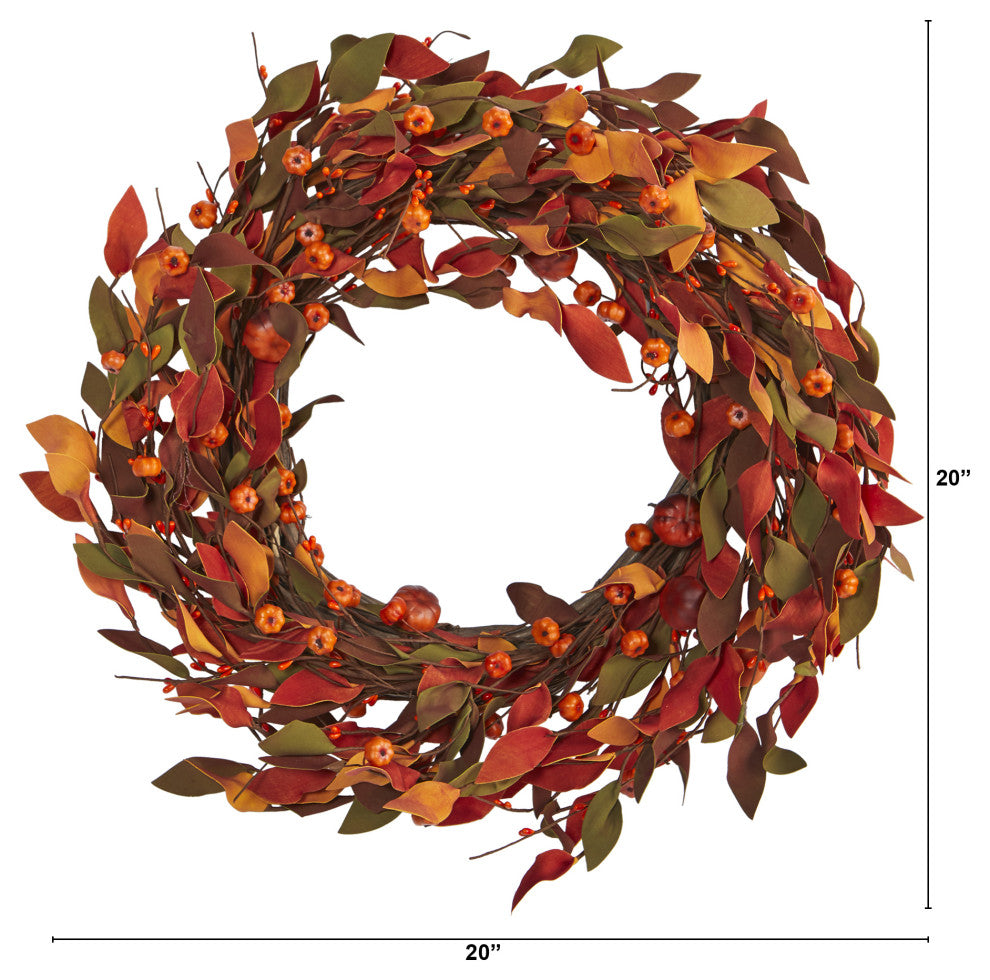 20" Harvest Leaf and Mini Pumpkin Artificial Wreath