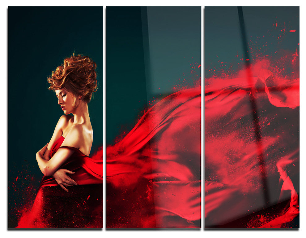 "Woman in Flying Red Dress" Digital Metal Wall Art, 3 Panels, 36"x28"