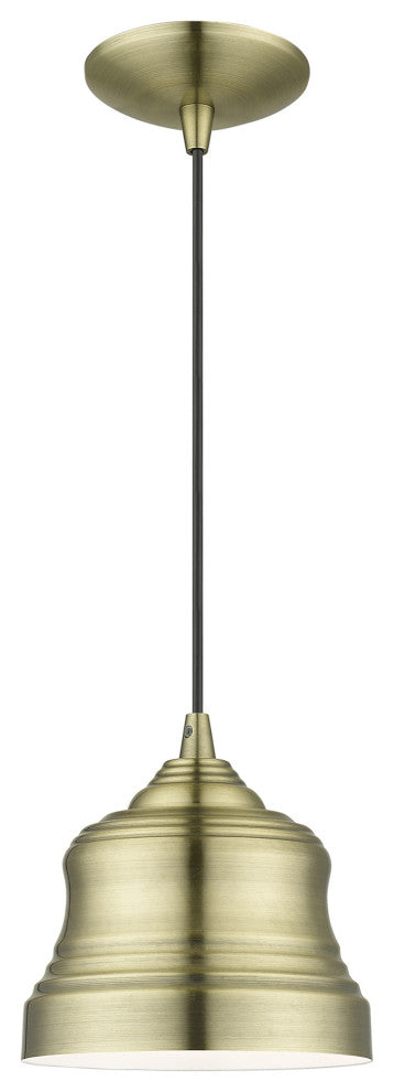 Endicott 1-Light Antique Brass Mini Bell Pendant, Shiny White Inside