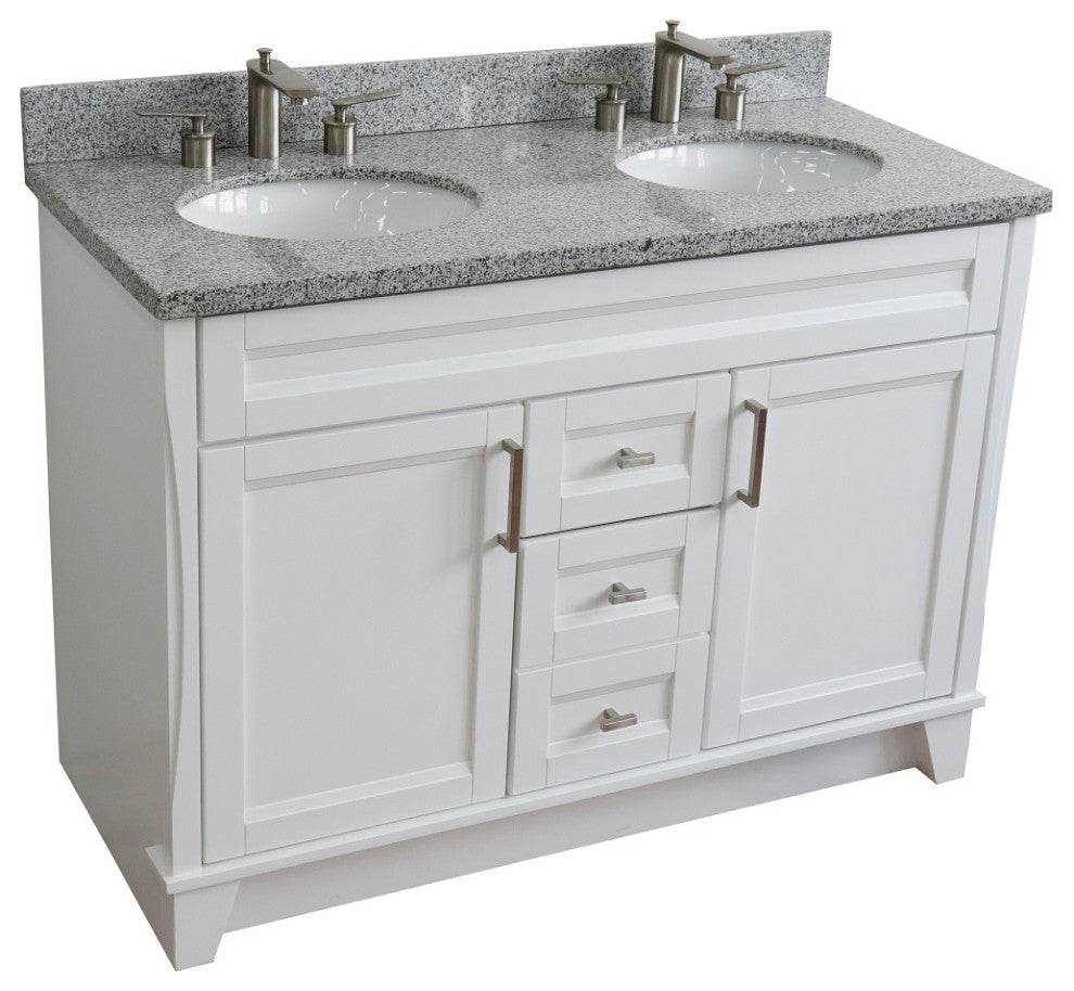 48" Double Sink Vanity, White Finish With Gray Granite And Oval Sink