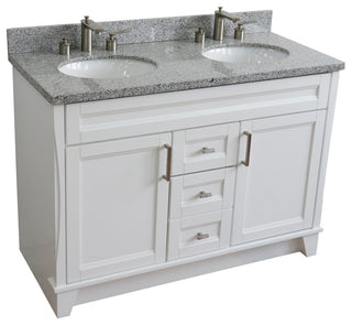 48" Double Sink Vanity, White Finish With Gray Granite And Oval Sink