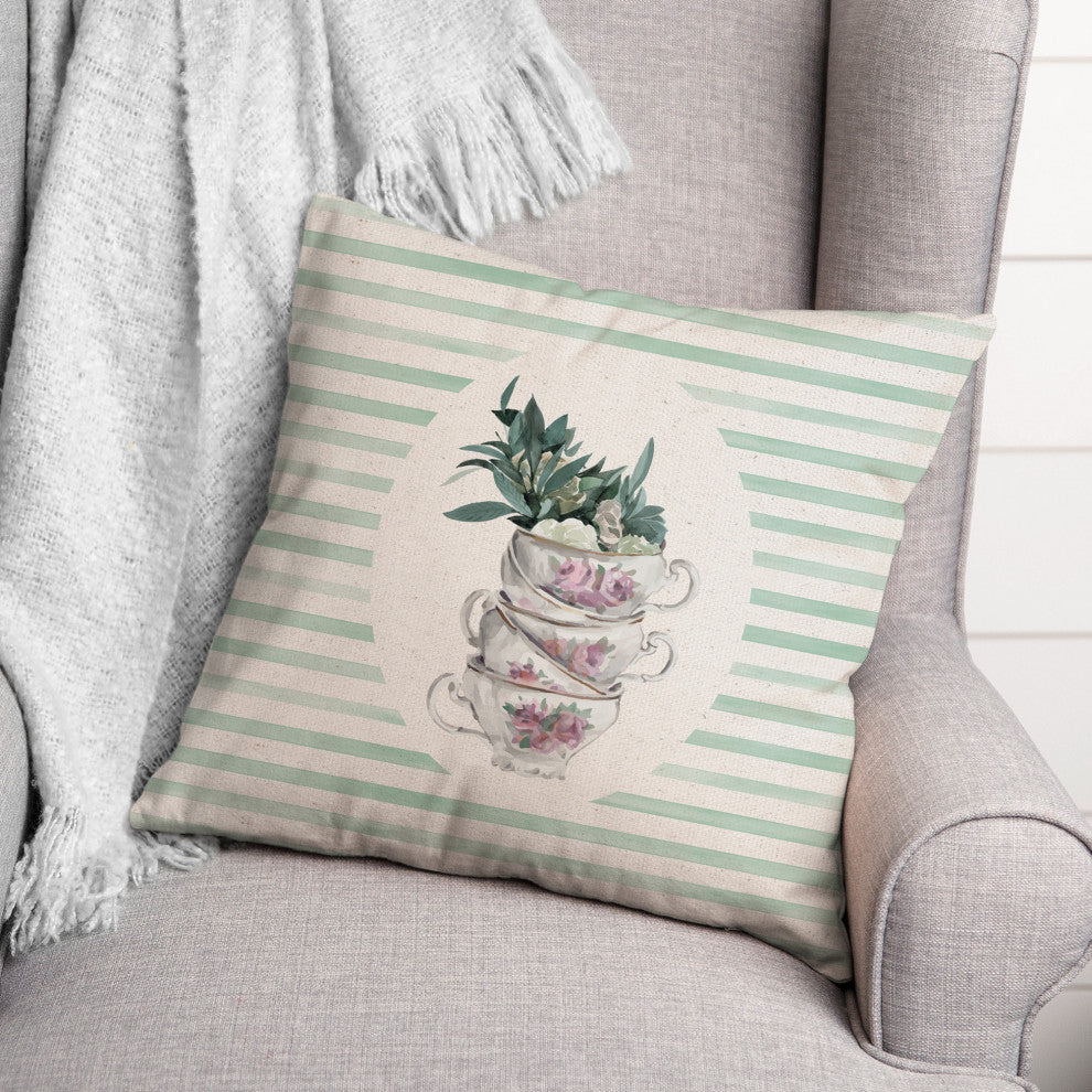 Stack Of Tea Cups Floral Stripes 3 16x16 Spun Poly Pillow