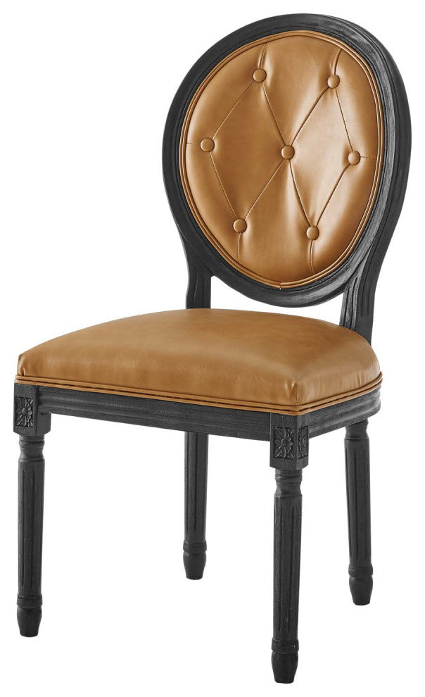 French Vintage Side Dining Chair, Faux Vegan Leather, Wood, Black Tan, Modern