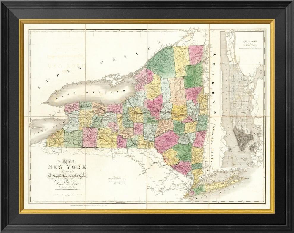 "Map of New York, 1839" Framed Canvas Giclee by David H. Burr, 26x21"