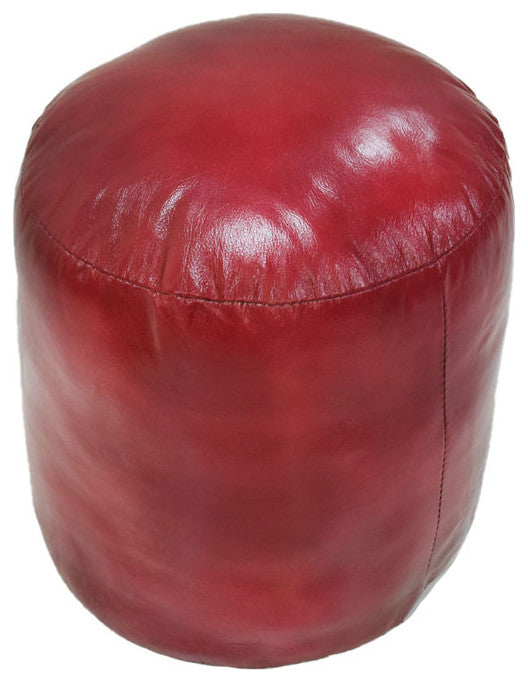 Pouf-Solid Handmade Leather Pouf (Recycled Foam with Fiber Fill), Dark Pink, (Round) 14x14x14