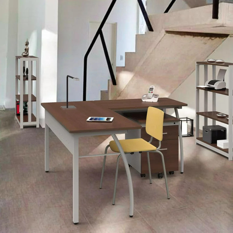 Modern Desk, L-Shaped Design With Metal Legs & Wooden Top, Cherry/Gray