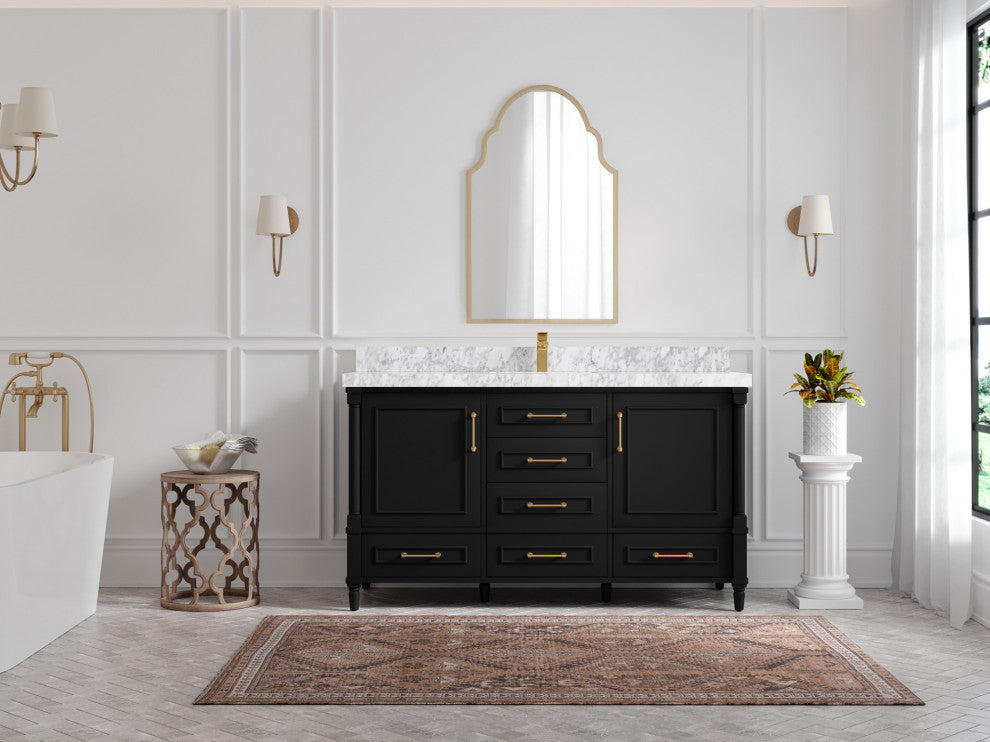 Aberdeen 60 Single Bathroom Vanity in Black 2" Carrara Marble