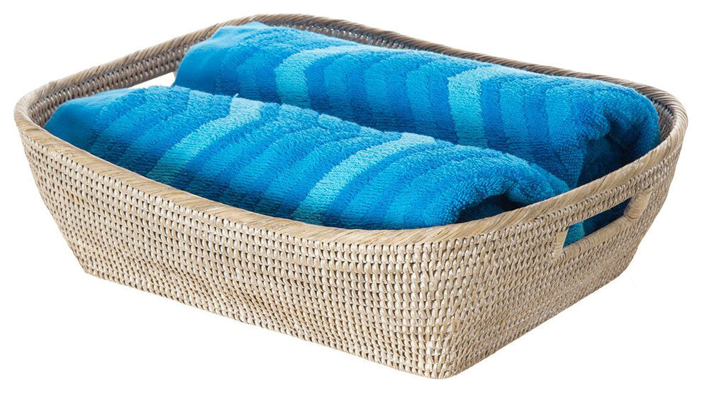 La Jolla  Handwoven Oblong Rattan Storage and Shelf Basket, White-Wash