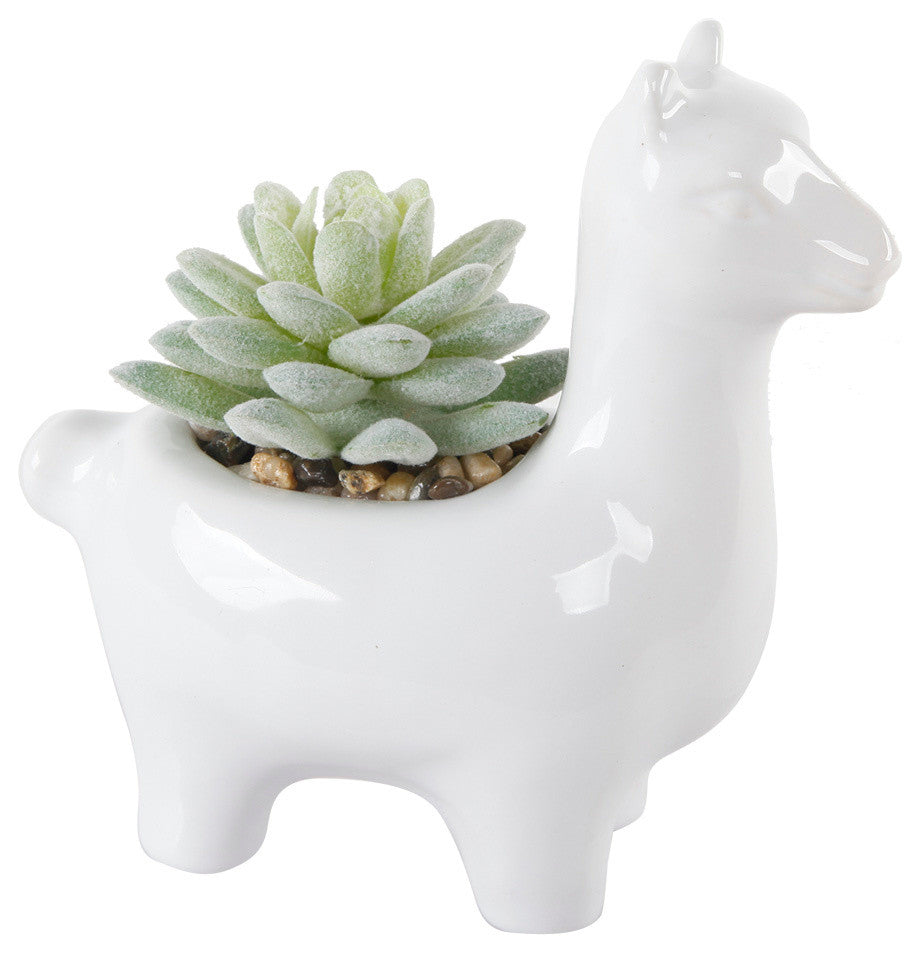 White Ceramic Llama With Succulent, 5.5", Set Of 2