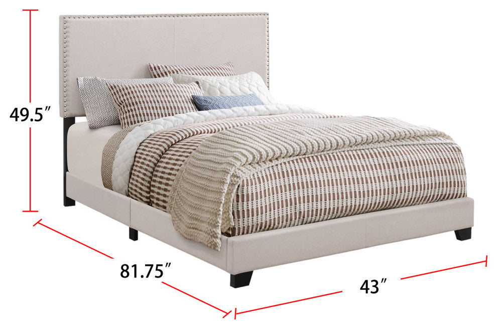 Twin Upholstered Bed With Nailhead Trim, Ivory