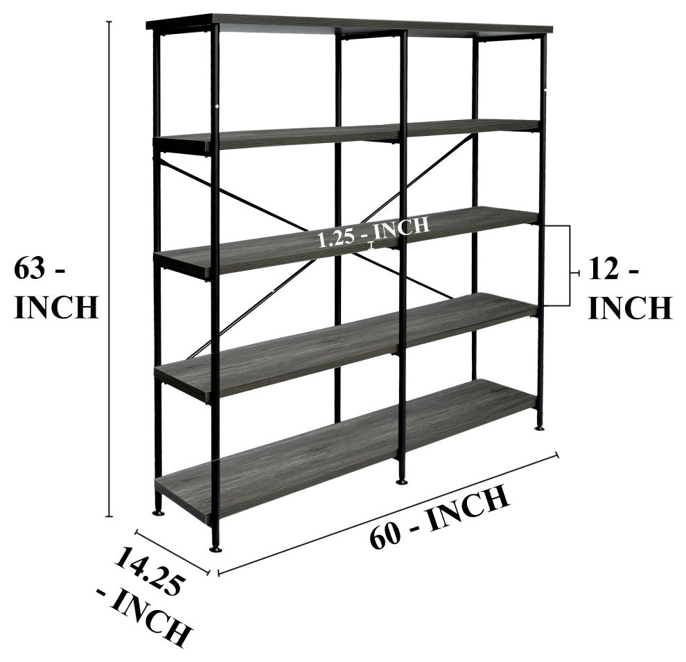 63" Industrial 4 Tier Bookshelf Particleboard Metal Frame, Gray, Black