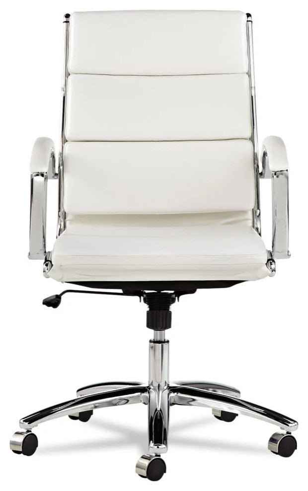 Contemporary Office Chair, Chrome Frame With Swivel White PU Seat & Ribbed Back