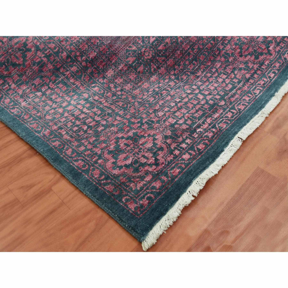 Dark Green Obscured Mamluk Design Wool and Silk Hand Knotted Rug, 8'0"x9'9"