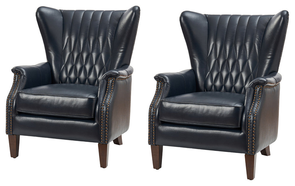 Genuine Leather Armchair, Set of 2, Navy