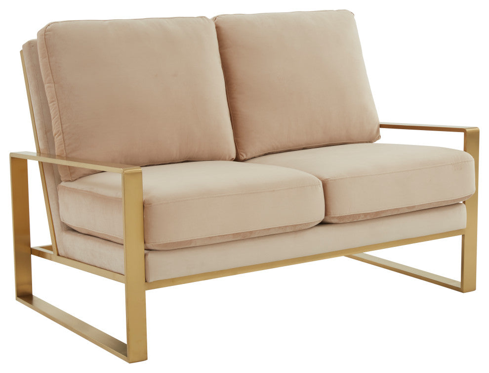 LeisureMod Jefferson Modern Design Velvet Loveseat With Gold Frame, Beige