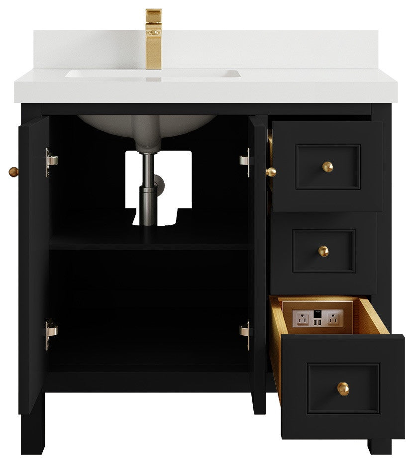 Nashville 36" Left Offset Bath Vanity, Black 2" White Quartz