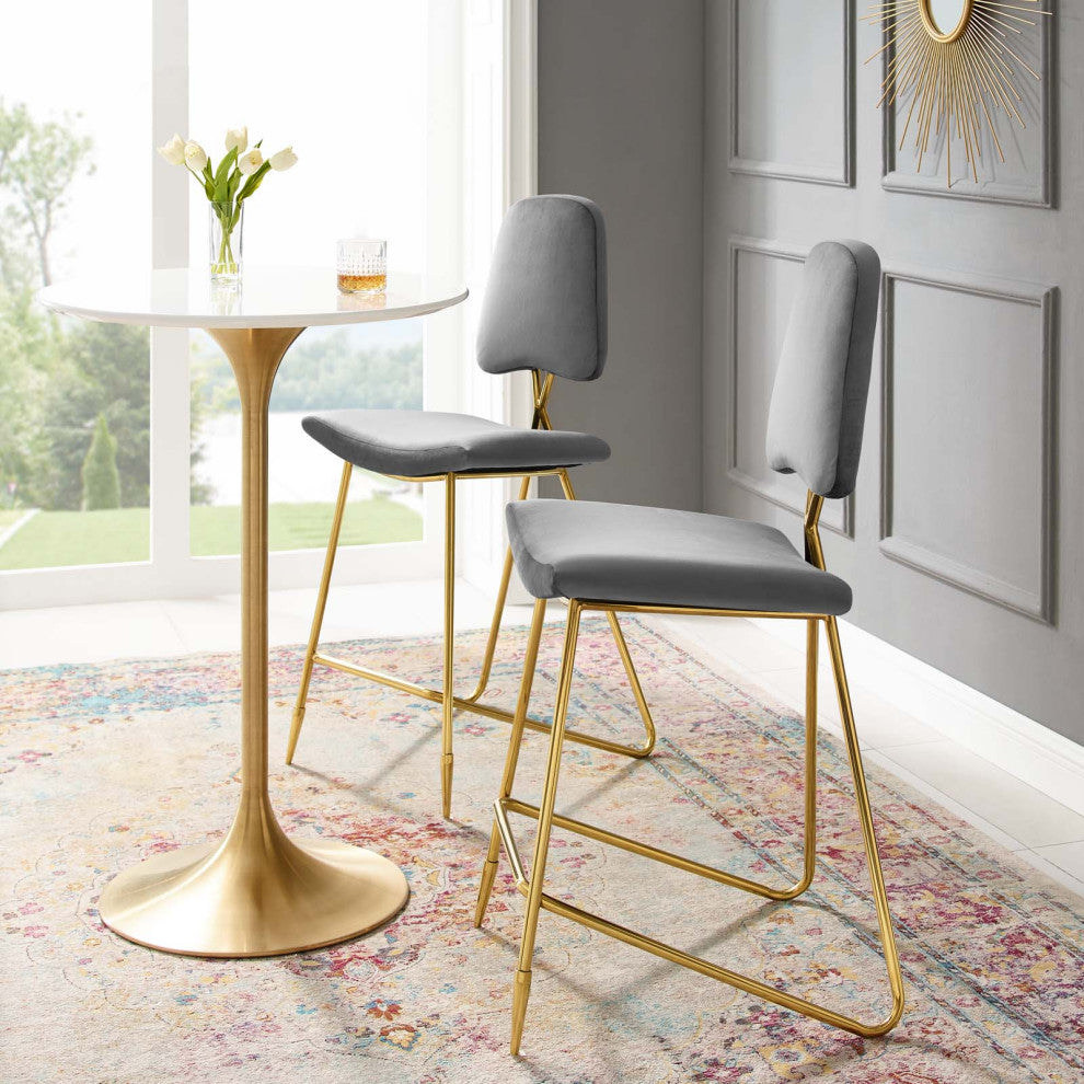 Bar Stool Chair Barstool, Set of 2, Velvet, Metal, Gray, Modern, Bar Pub
