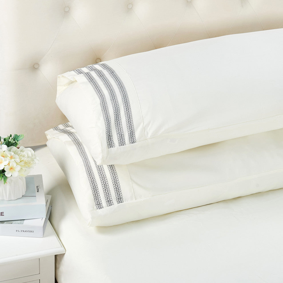 Serenta Trois Embroidered 4 Piece Bed Sheet Set, Ivory, Twin